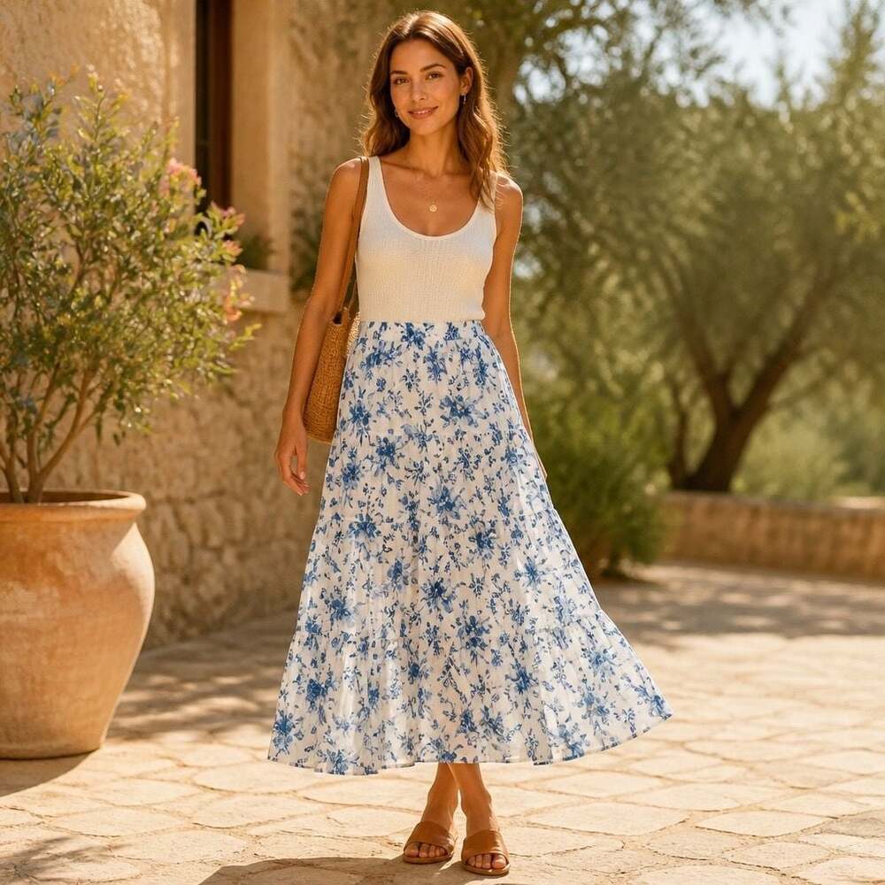 Woman Within White and Blue Floral Tiered Maxi Skirt